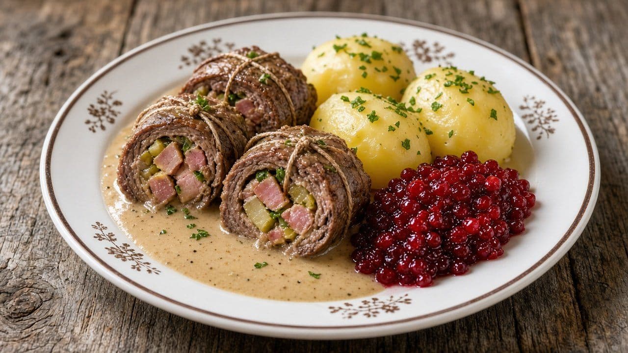 Oxrulader (fågel utan huvud) med gräddsås och potatis