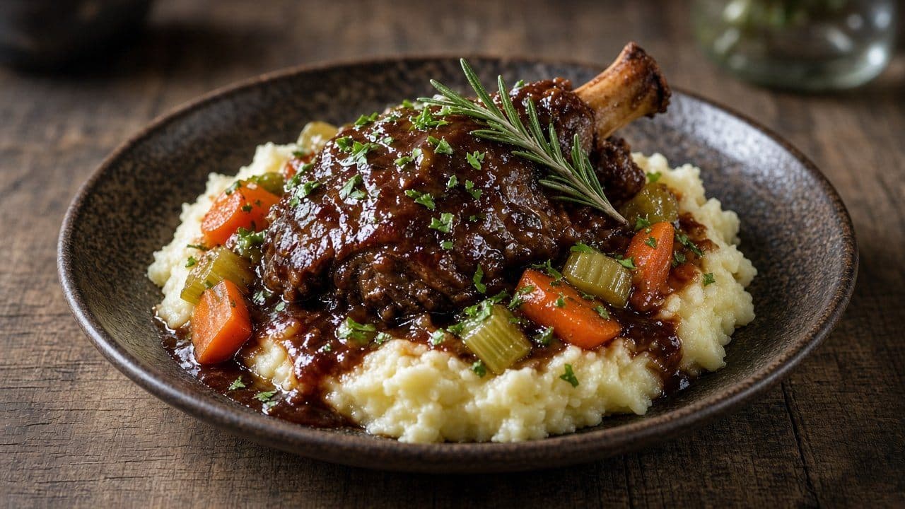 Bräserade lammlägg med rödvin och potatismos