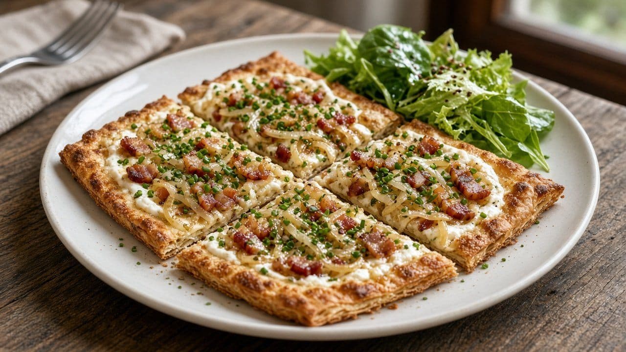 Flammkuchen med crème fraiche, bacon och lök