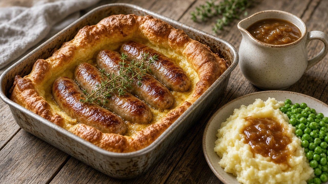 Toad in the hole (korv i yorkshiresmet) med löksås