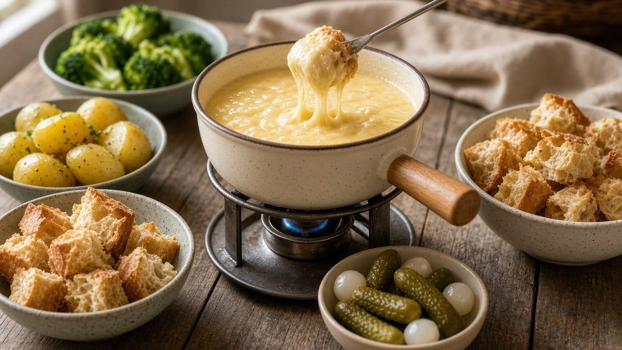 Klassisk schweizisk ostfondue med bröd och potatis