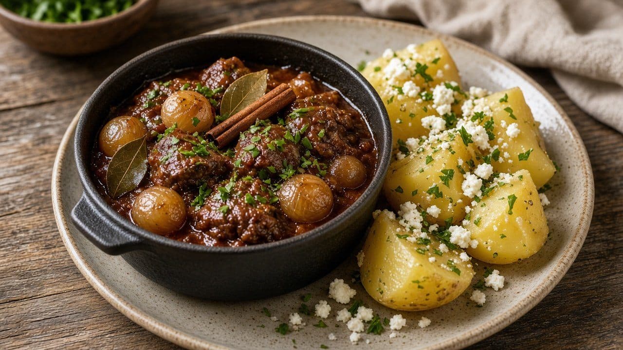 Stifado, grekisk oxgryta med pärllök, rödvin och kanel