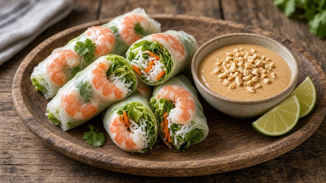 Vietnamesiska sommarrullar med räkor, risnudlar och jordnötsdipp