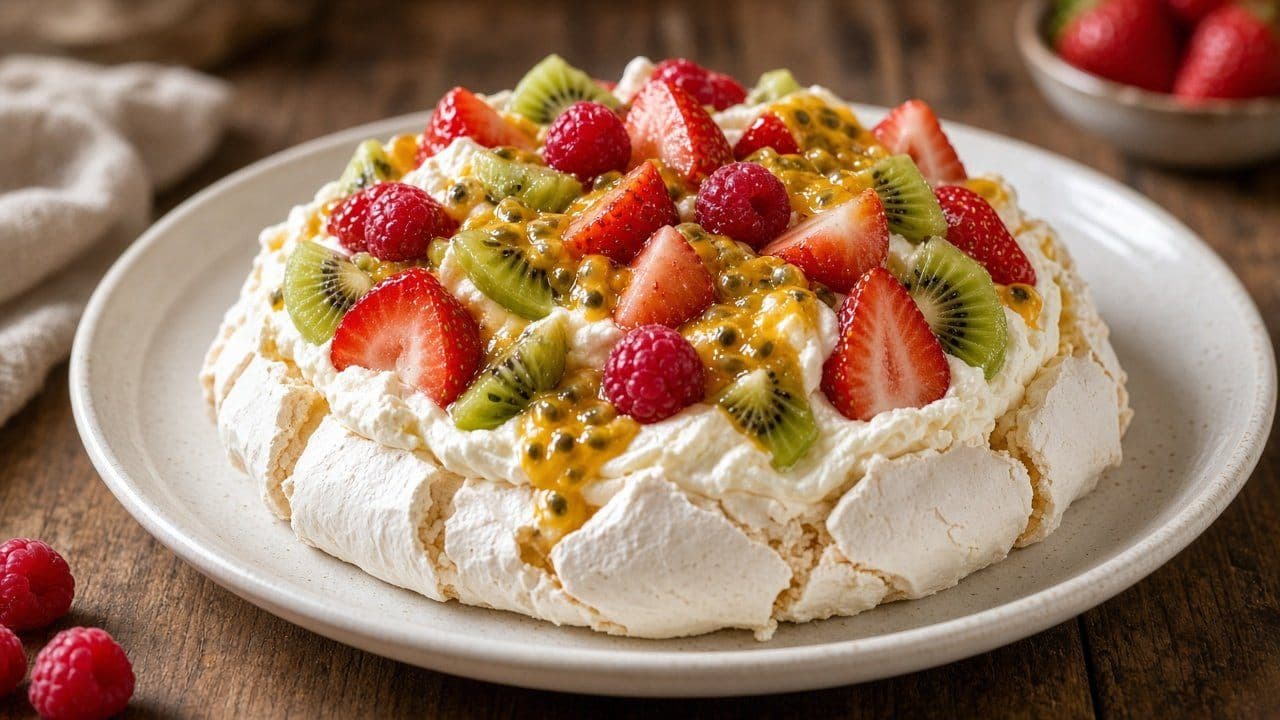 Pavlova med bär och passionfrukt