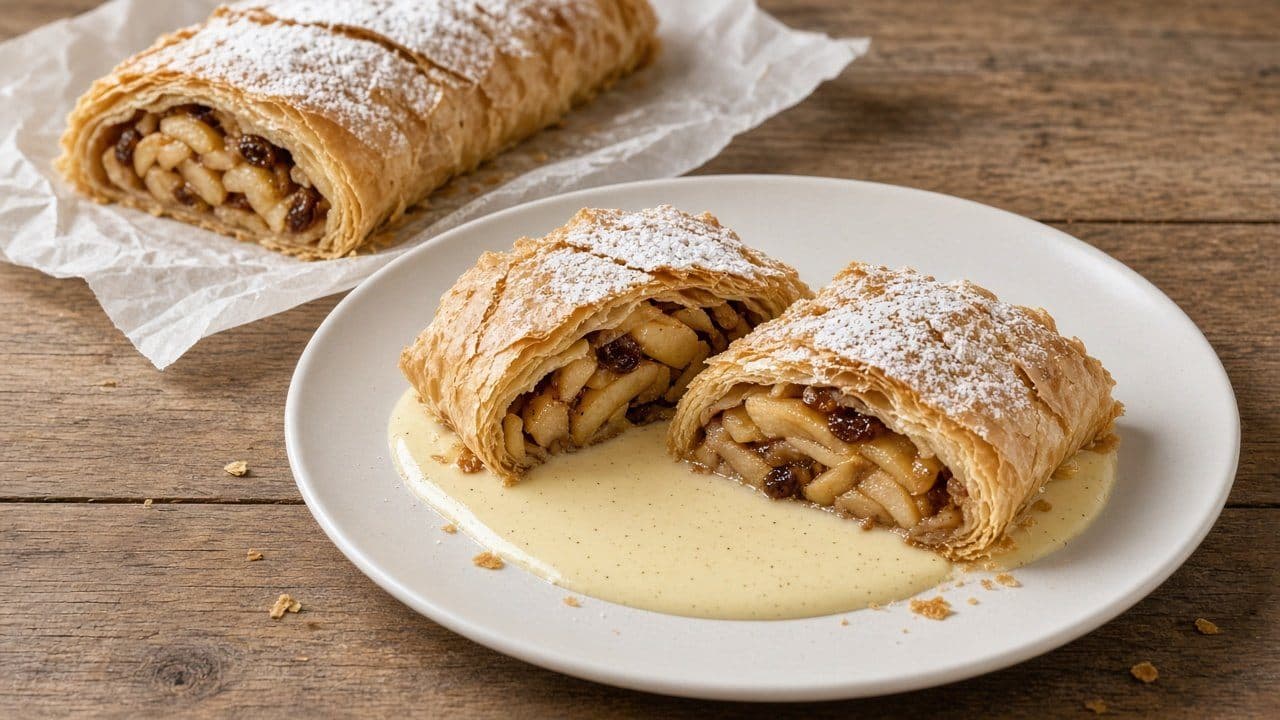 Apfelstrudel med vaniljsås, äppelstrudel med filodeg