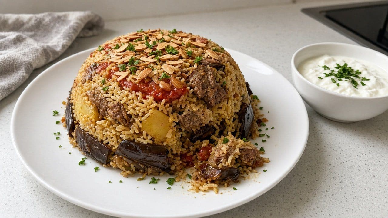 Maqluba med lamm och aubergine, upp och nervänd risrätt