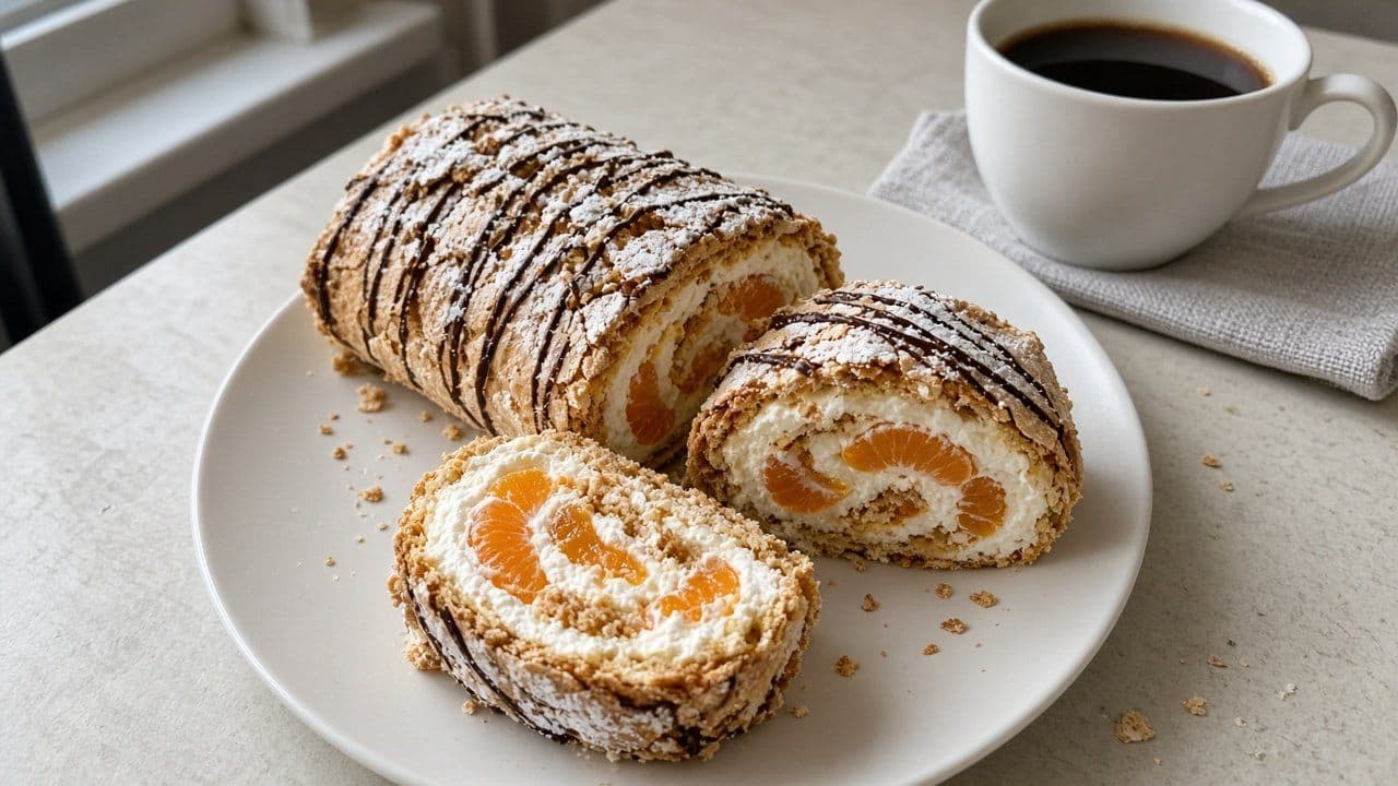 Budapestrulle med hasselnötsmaräng, grädde och mandarin