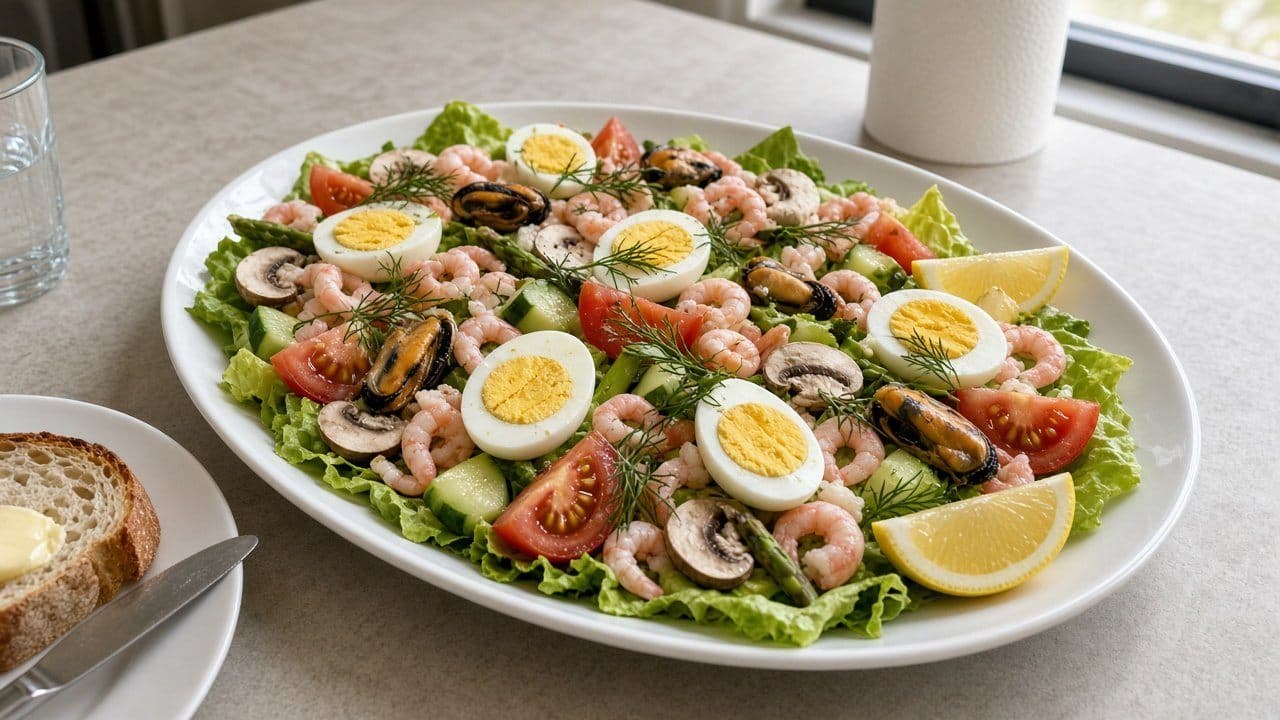 Västkustsallad med räkor, musslor och sparris