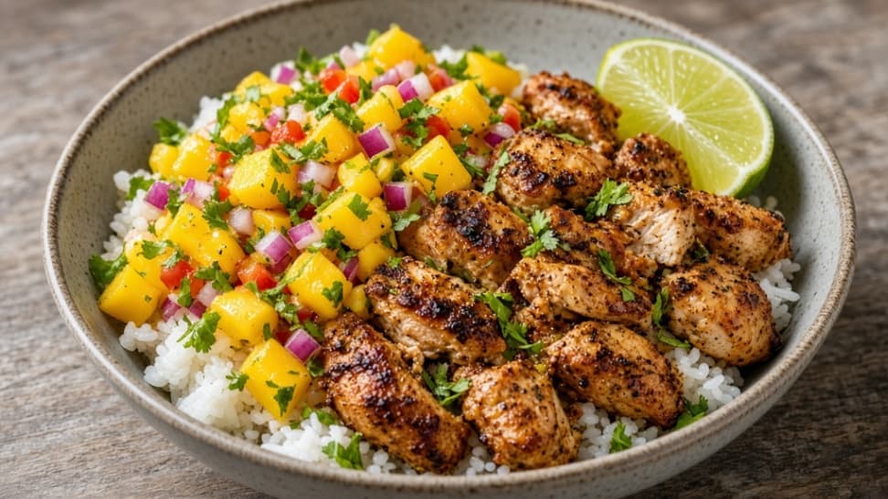 Kryddig kycklingbowl med ris och mangosalsa