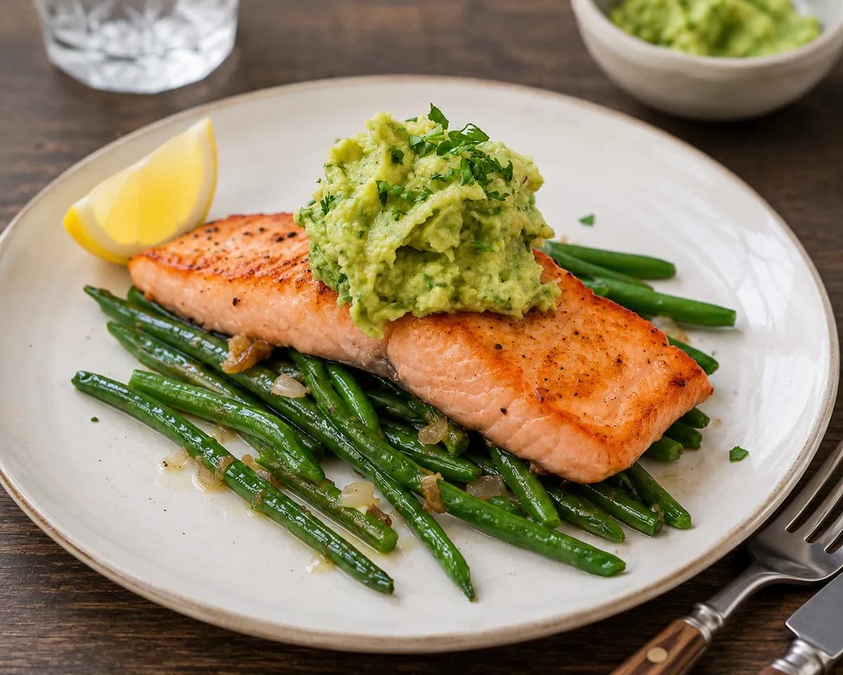 Ugnsbakad lax med avokadokräm och vitlöksstekta haricots verts