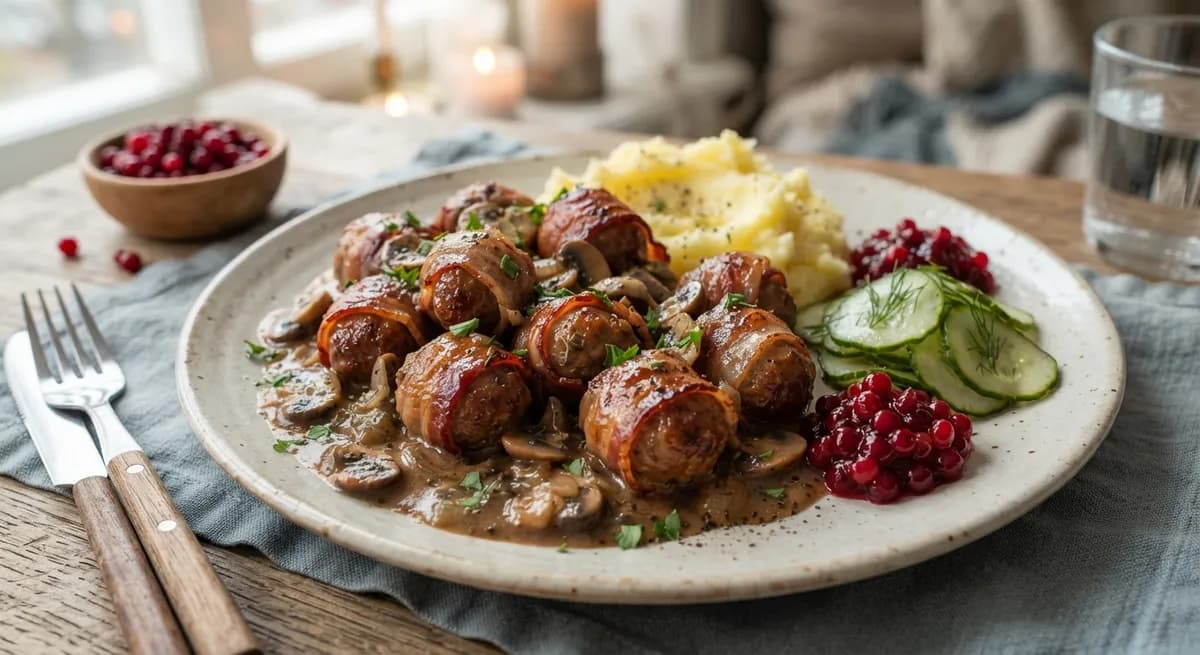 Baconlindade köttbullar med svampsås, lingon och pressgurka