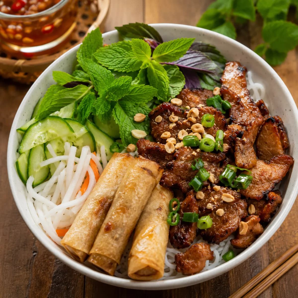 Vietnamesiskt grillat fläskkött (bun thit nuong)