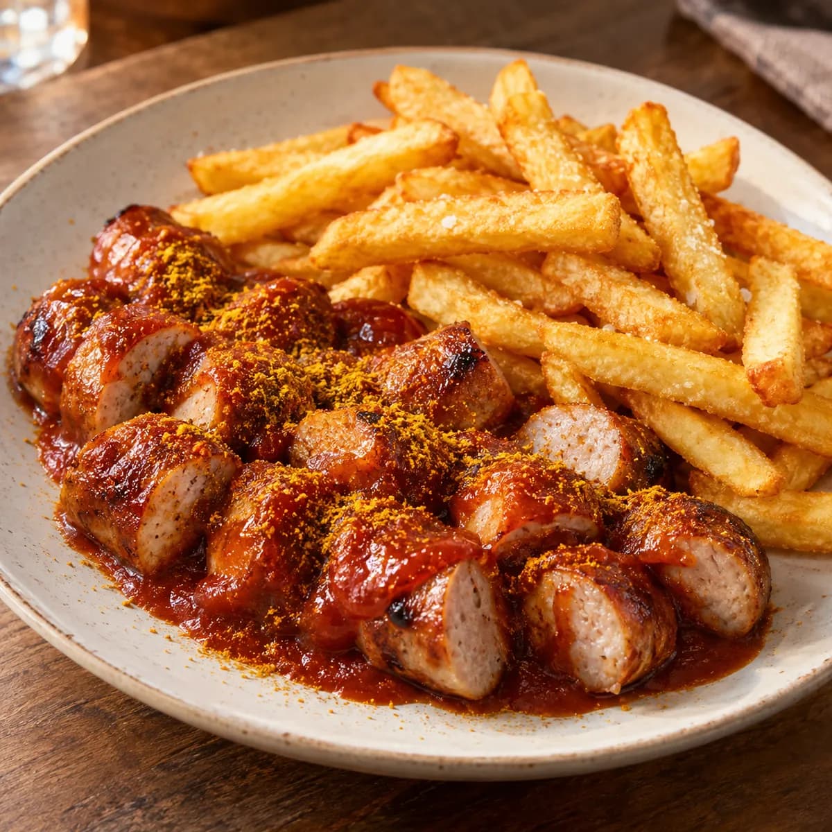 Currywurst med pommes