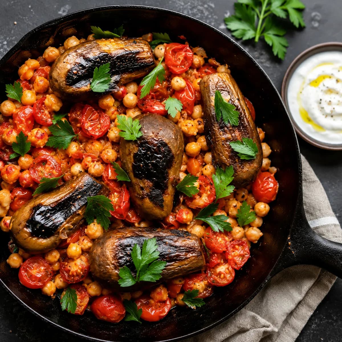 Aubergine på spisen med harissa, kikärter och kumminyoghurt