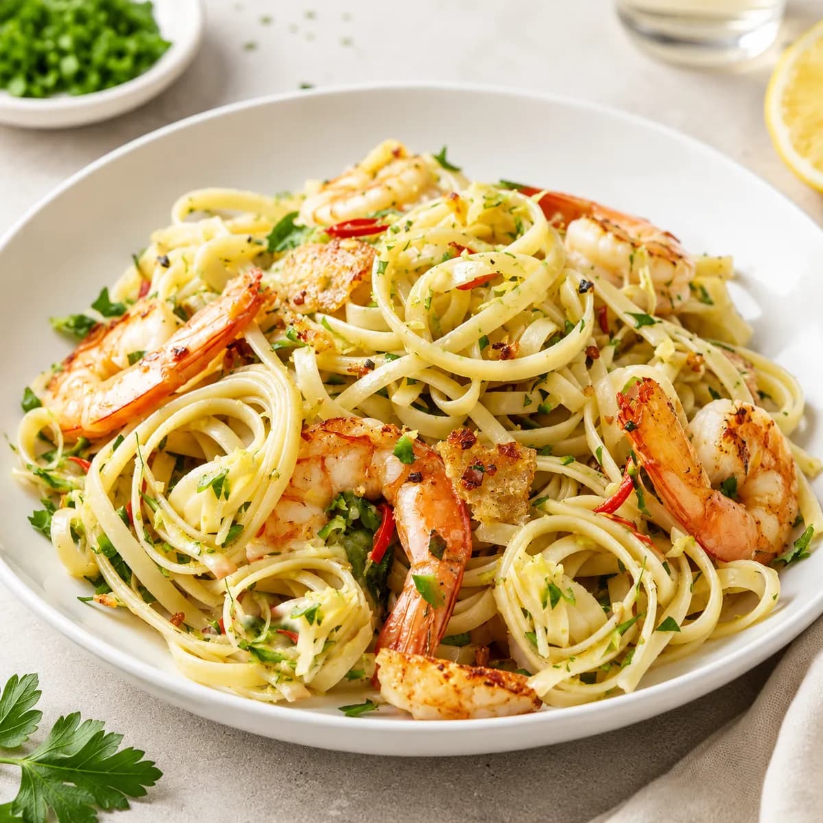 Linguine med chiliräkor