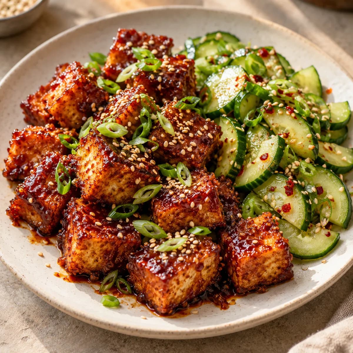 Krispig tofu med gochujangglasyr och gurksallad