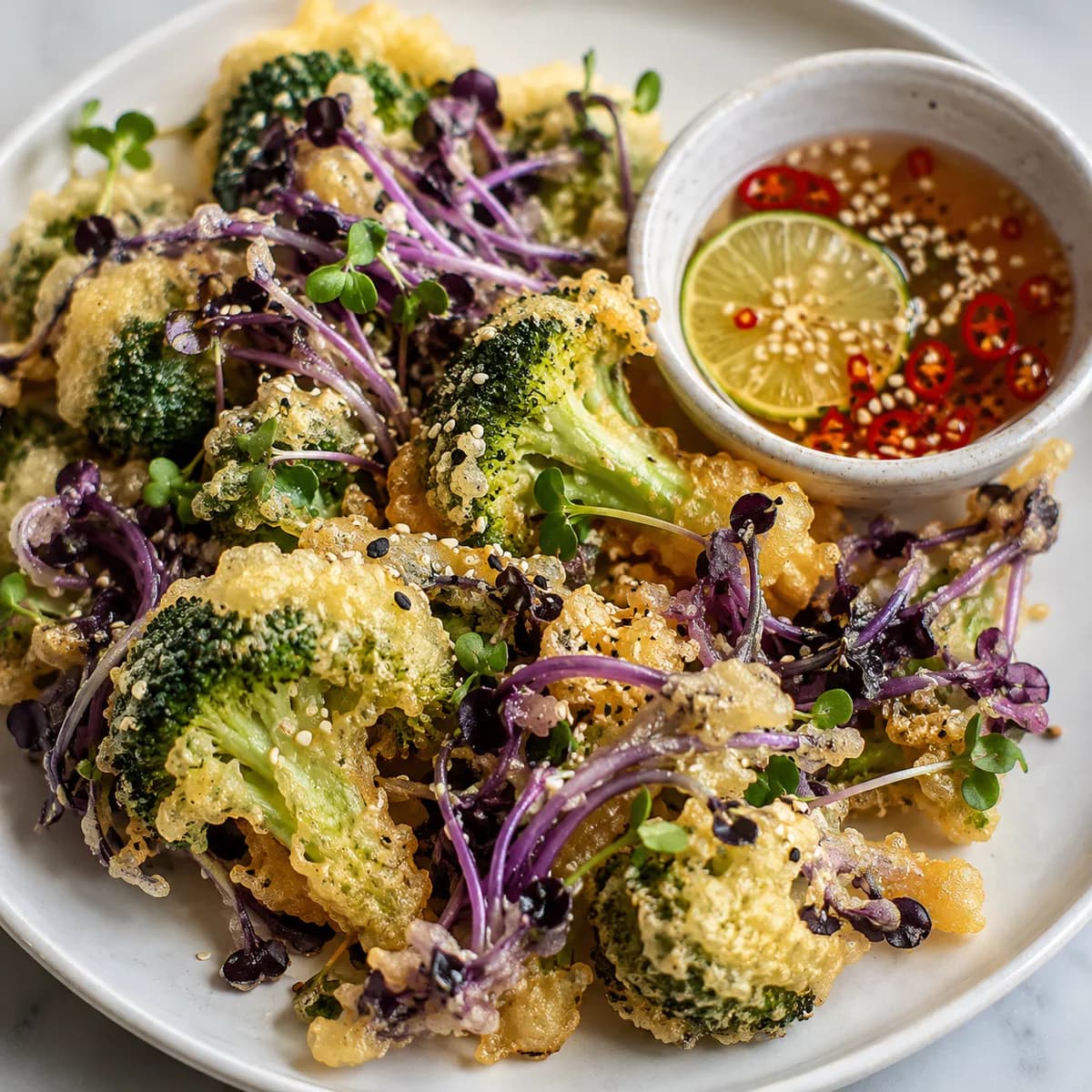 Tempura av purpurgroddar och broccoli med nuoc cham