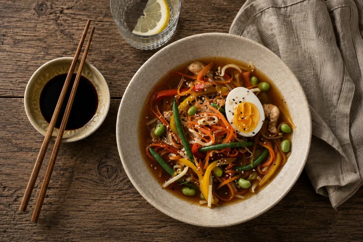 Ramensoppa med kyckling, nudlar, ägg och grönsaker
