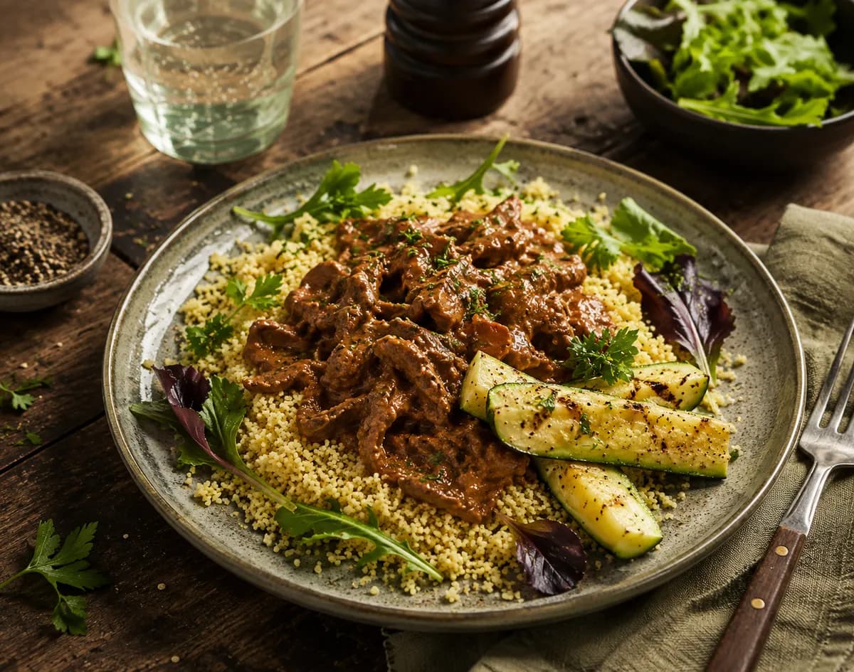 Biffgryta med rostad zucchini och couscous