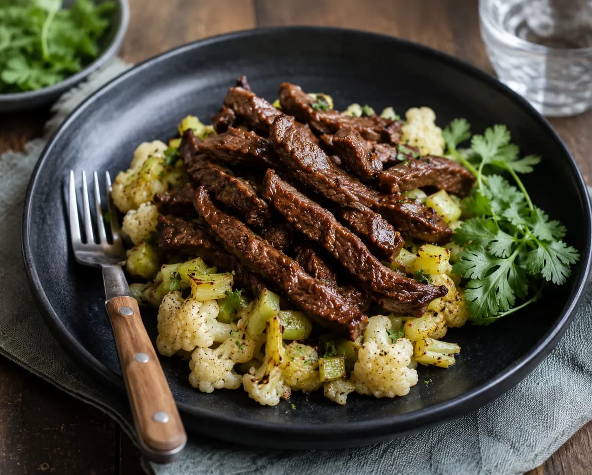 Kryddig lövbiff på krossad potatis