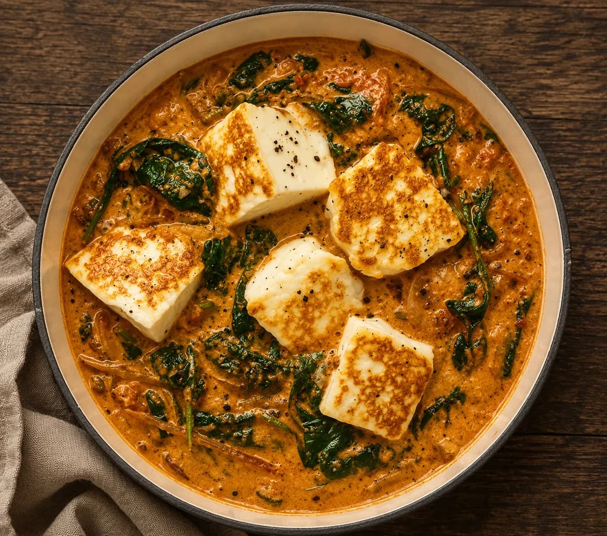 Palak paneer med tomat och halloumi