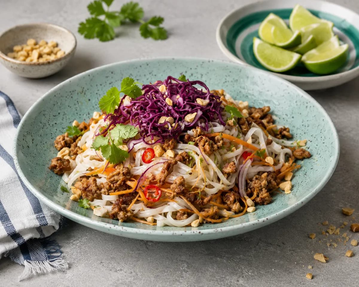 Varm nudelsallad med fläskfärs och asiatisk dressing