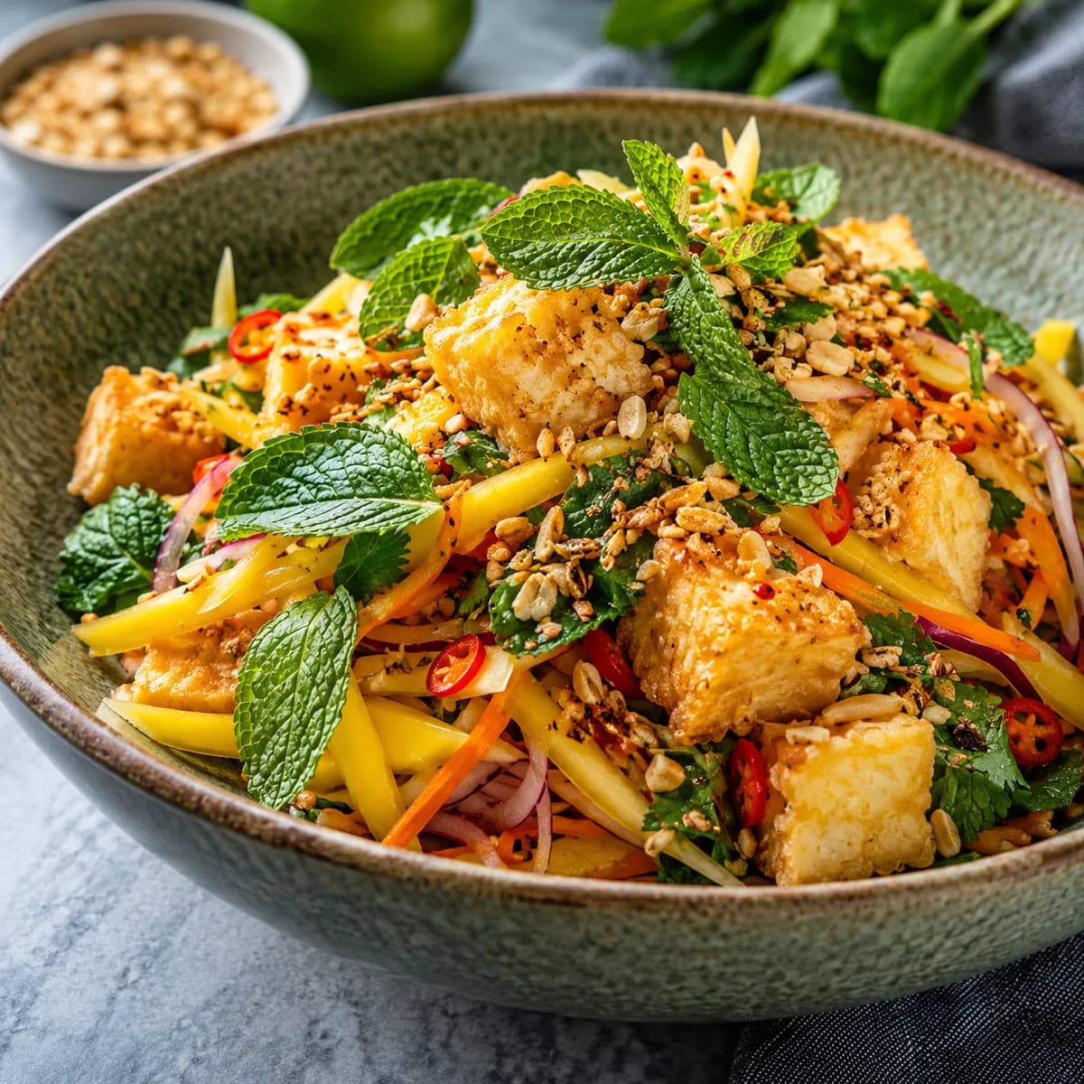 Thailändsk mangosallad med tempura-tofu, mynta och rostat ris