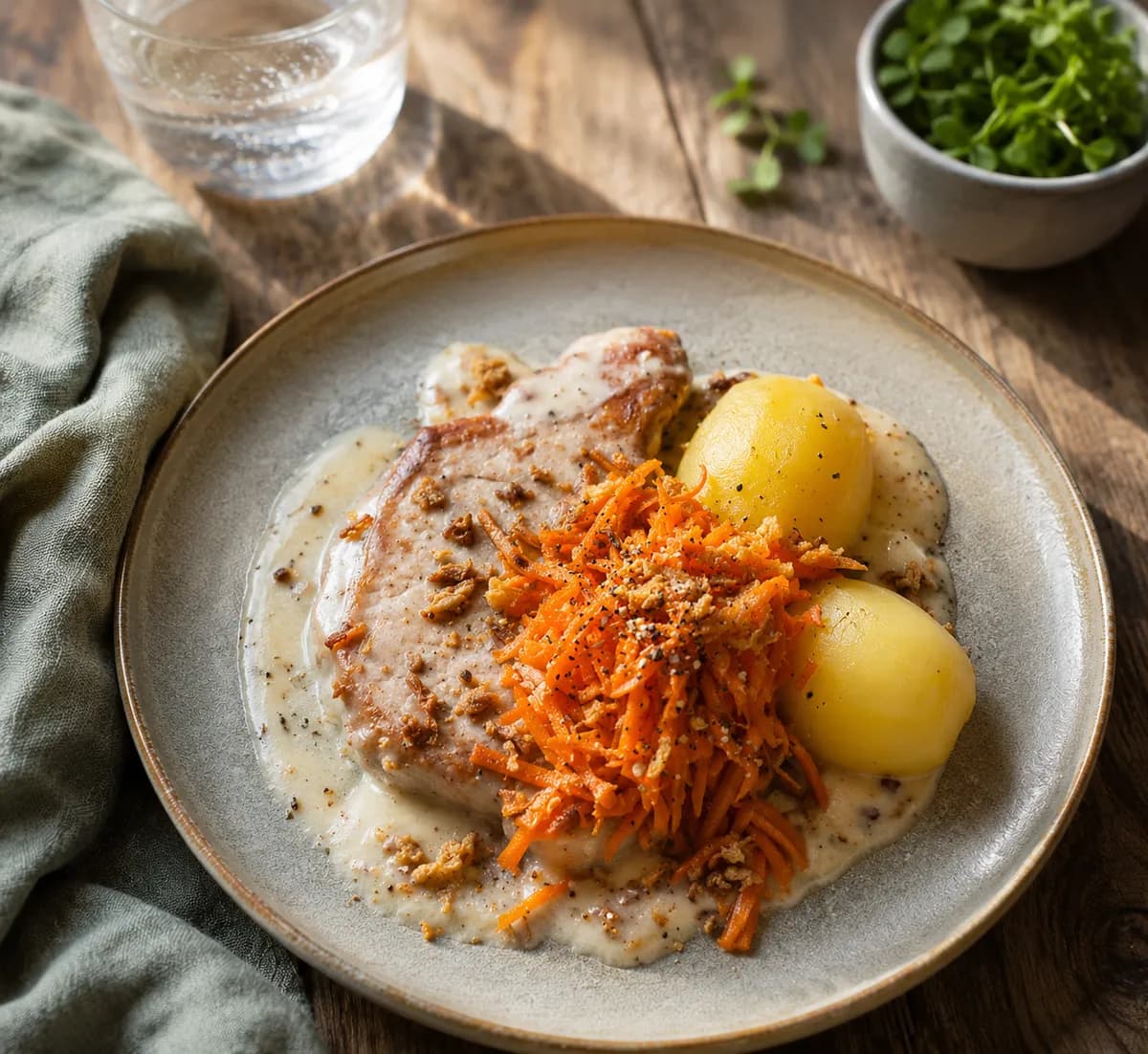 Stekt kotlett med rostad löksås