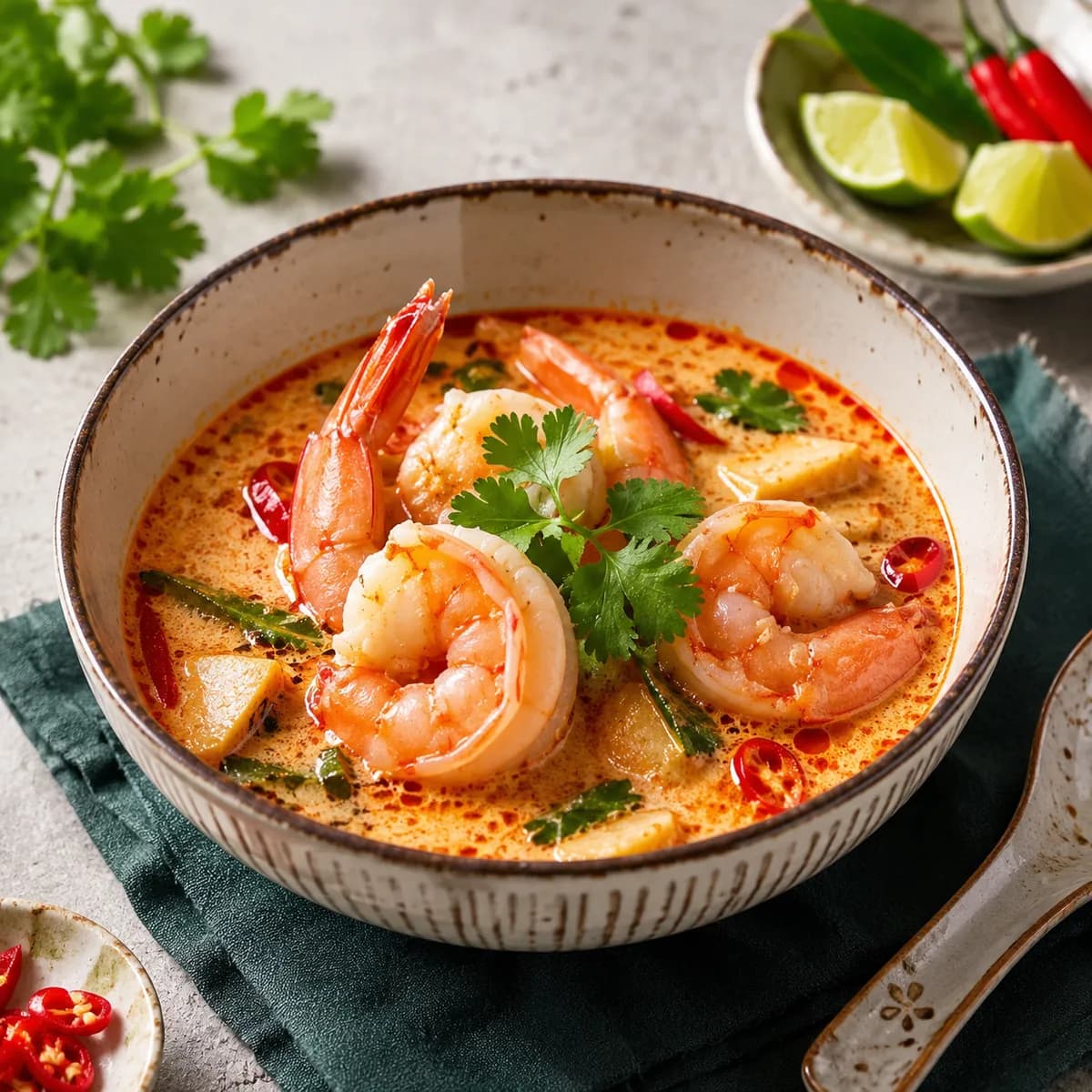 Tom yum, het och sur soppa med räkor