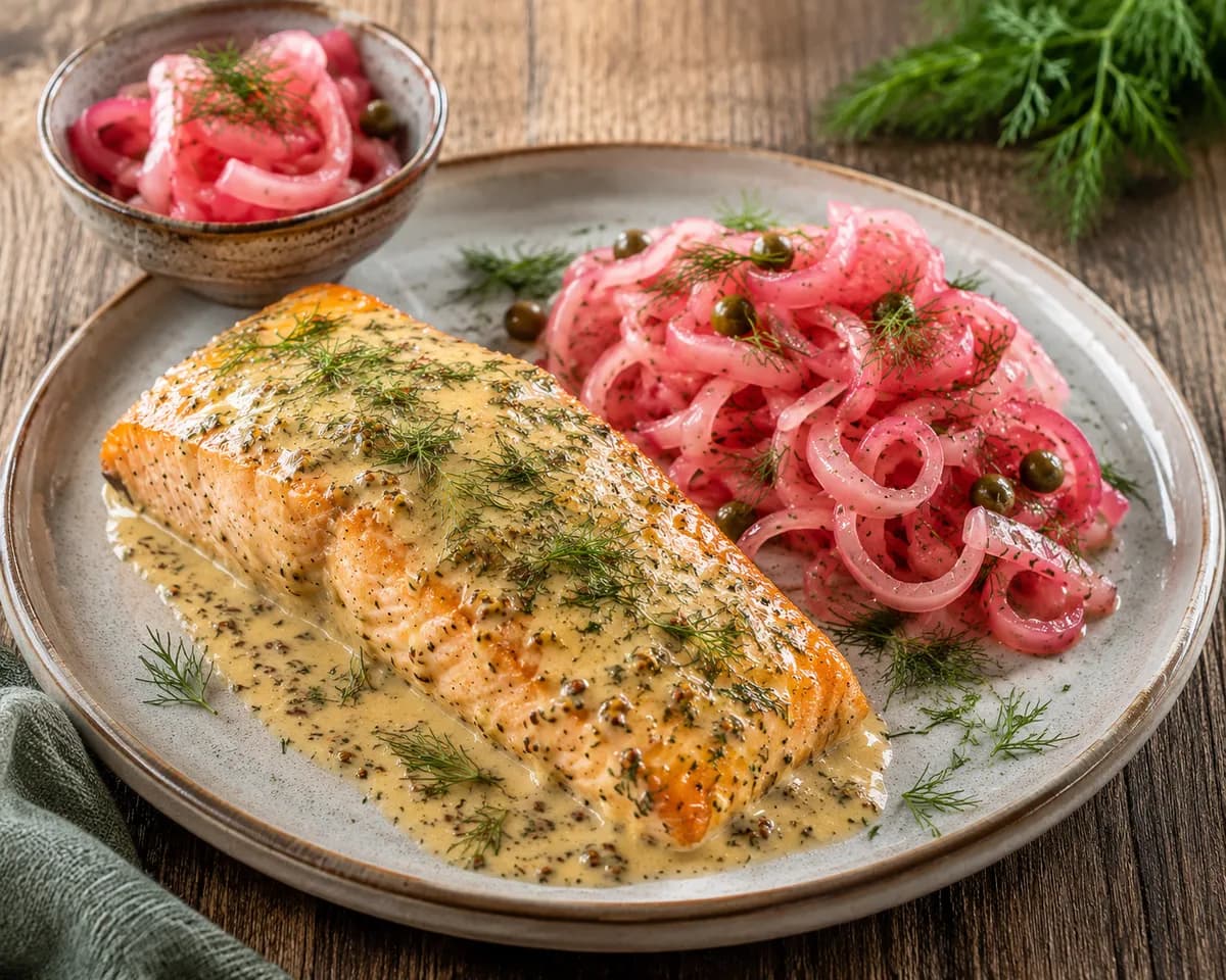 Ugnsbakad lax med hovmästarsås och picklad fänkål