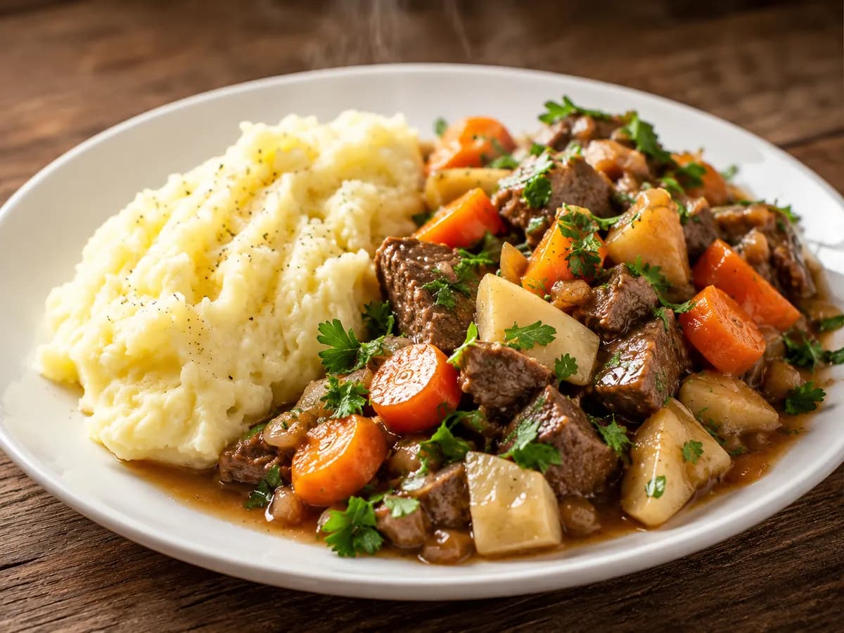 Köttgryta med rotfrukter och potatismos
