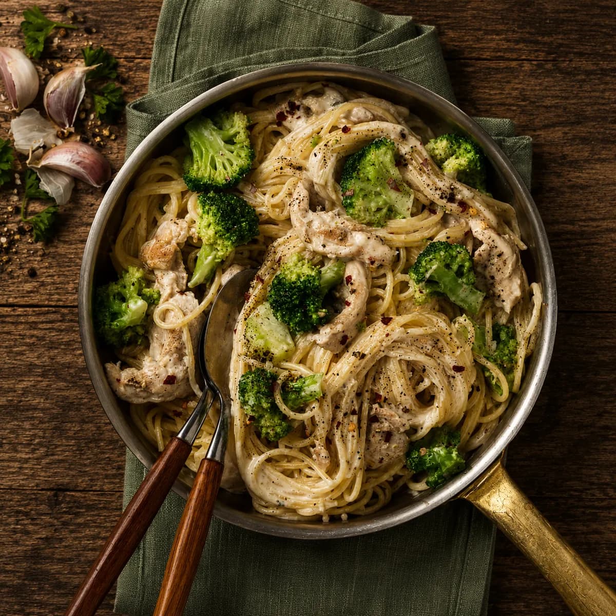 Enkel broccolipasta med kyckling och färskost
