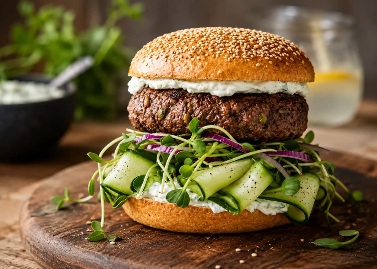 Burgare med kaprisbiff, gurksallad och fetaostkräm
