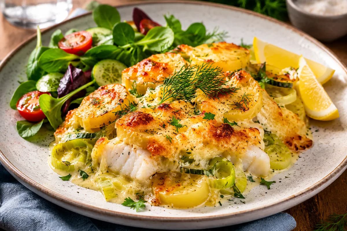 Fiskgratäng med purjolök och potatis