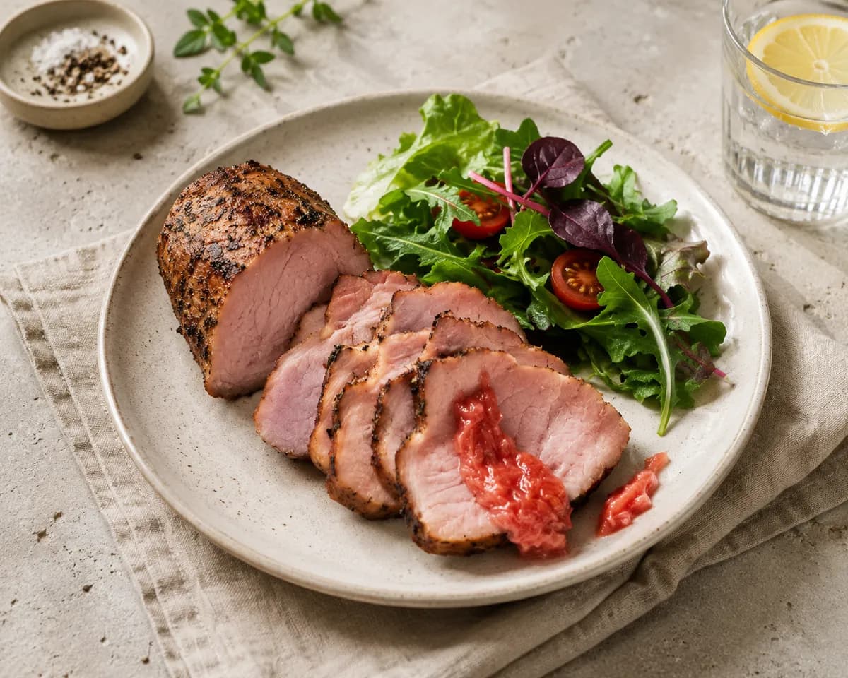 Helstekt fläskytterfilé med rabarberchutney och trädgårdssallad