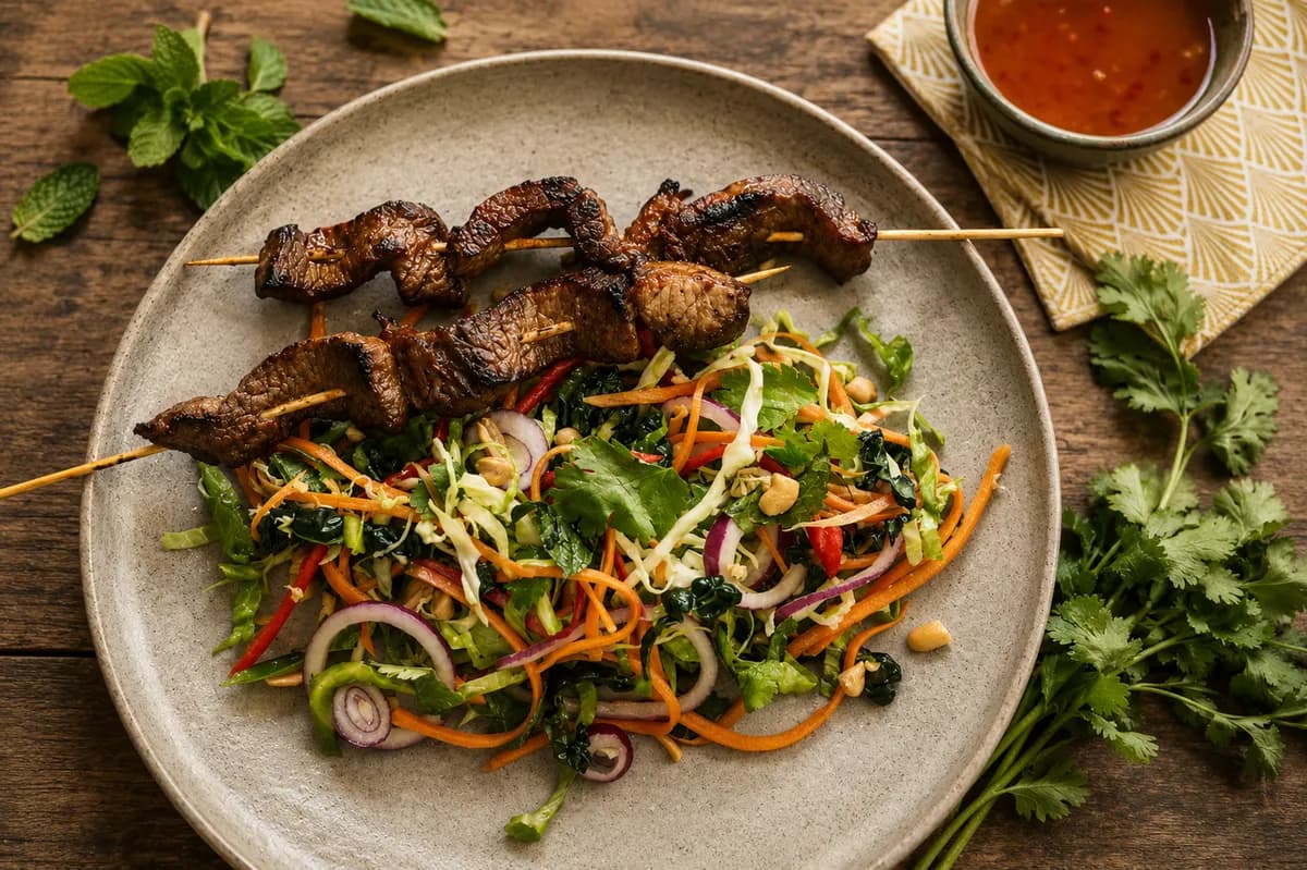 Vietnamesiska spett med nötkött och kålsallad